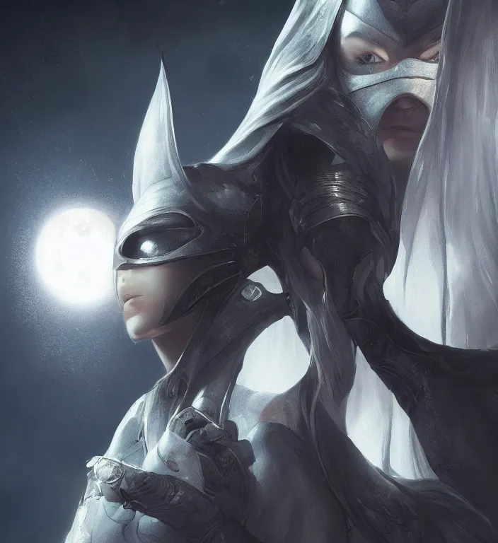 Image similar to female moon knight, hyper detailed, digital art, trending in artstation, cinematic lighting, studio quality, smooth render, unreal engine 5 rendered, octane rendered, art style by klimt and nixeu and ian sprigger and wlop and krenz cushart