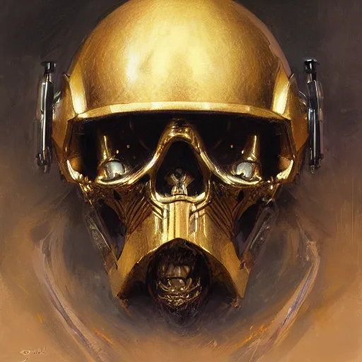 Image similar to three quarter view of a knights helmet gold skull face mask by donato giancola and greg rutkowski, vintage retro scifi, realistic face, digital art, trending on artstation
