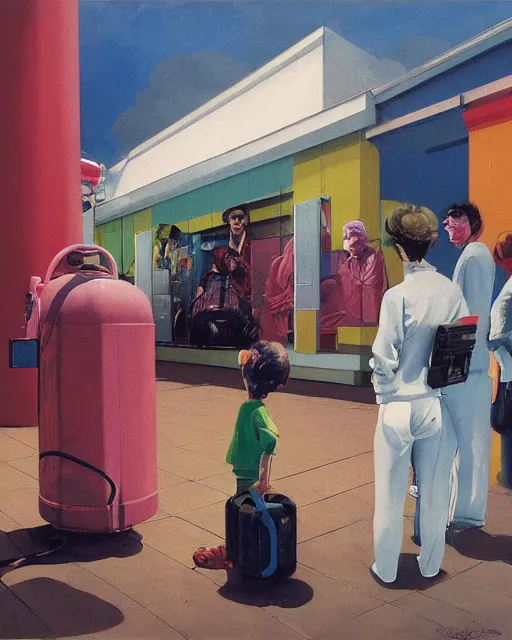 Image similar to square people conversing at a gas station with large oxygen tank in the style of Francis Bacon and Syd Mead and Norman Rockwell and Beksinski, open ceiling, highly detailed, painted by Francis Bacon and Edward Hopper, painted by James Gilleard, surrealism, airbrush, very coherent, triadic color scheme, art by Takato Yamamoto and James Jean