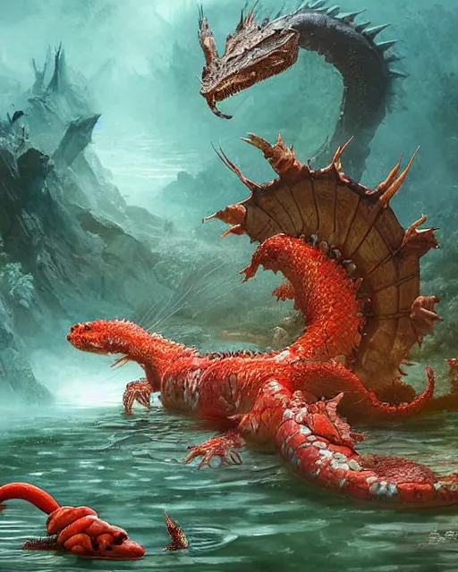 Image similar to ethereal, gorgeous, mysteriously beautiful giant huge kaiju sized pond dragon half fish half salamander, sea dragon, wet amphibious skin, red salamander, axolotl creature, koi pond, korean village by Ruan Jia and Gil Elvgren, fullbody