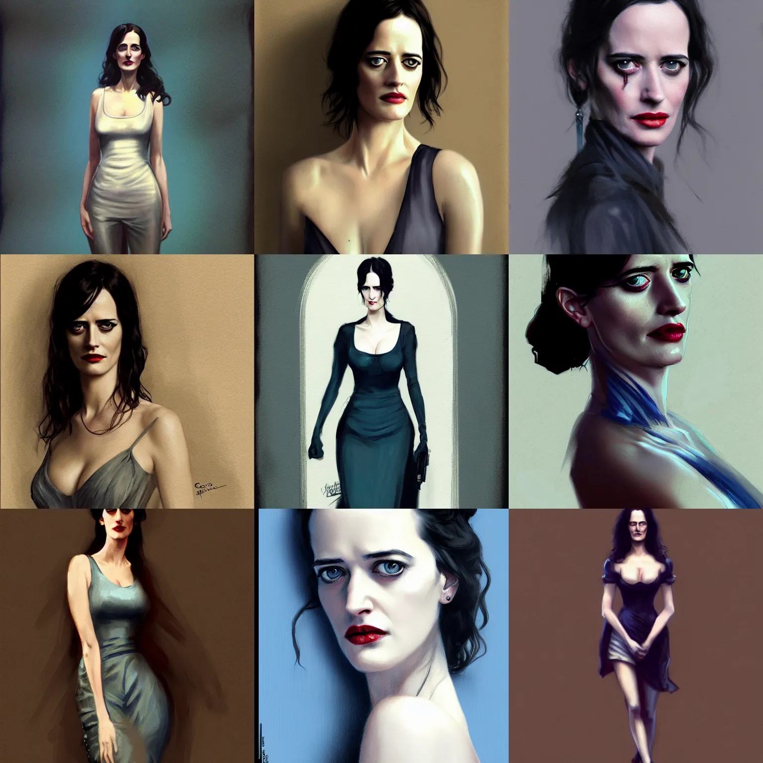 Prompt: full body portrait of eva green by greg rutkowski, penelope ives from penny dreadful, vesper lynd from casino royale, blue eyes, proportional perfectly detailed eyes pupils, artstation hq