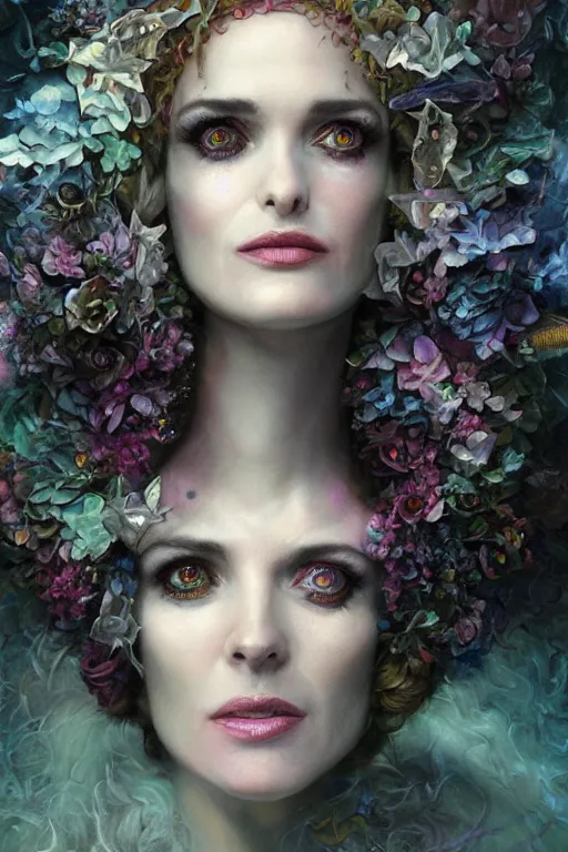 Image similar to closeup portrait shot of winona ryder as delirium of the endless, the sandman, the fairy queen, floral growth, thick fancy makeup, highly detailed, digital painting, artstation, concept art, soft focus, depth of field, artgerm, tomasz alen kopera, peter mohrbacher, donato giancola, wlop, boris vallejo