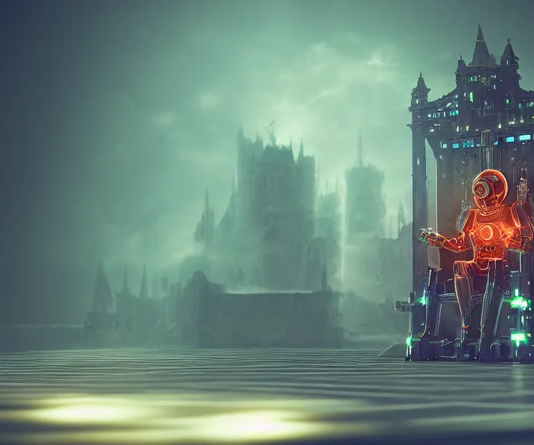 Image similar to glowing translucent robot sitting on an throne, futuristic castle background, fantasy sci - fi, sharp lines, metallic, 2 0 0 mm focus