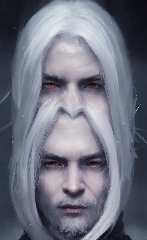 Prompt: portrait of a young man with glowong purple eyes, silver hair, silver hair, wearing a black cloak, fantasy, highly detailed, cinematic lighting, digital art painting by greg rutkowski