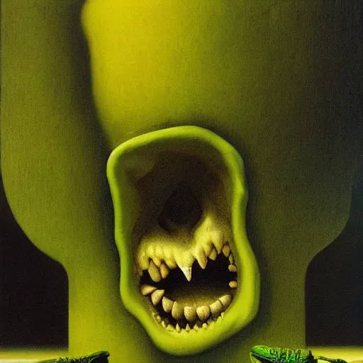 Prompt: Angry Swiss Cheese, dark fantasy, yellow and green, artstation, painted by Zdzisław Beksiński and Wayne Barlowe