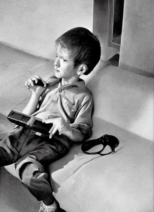 Prompt: boy playing nintendo by ansel adams