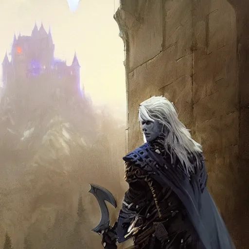 Image similar to portrait of drizzt do'urden, drow, dungeons and dragons character, castle background, gorgeous view, realistic, high detail, digital art, painted by greg rutkowski, painted by jeremy mann, trending on artstation