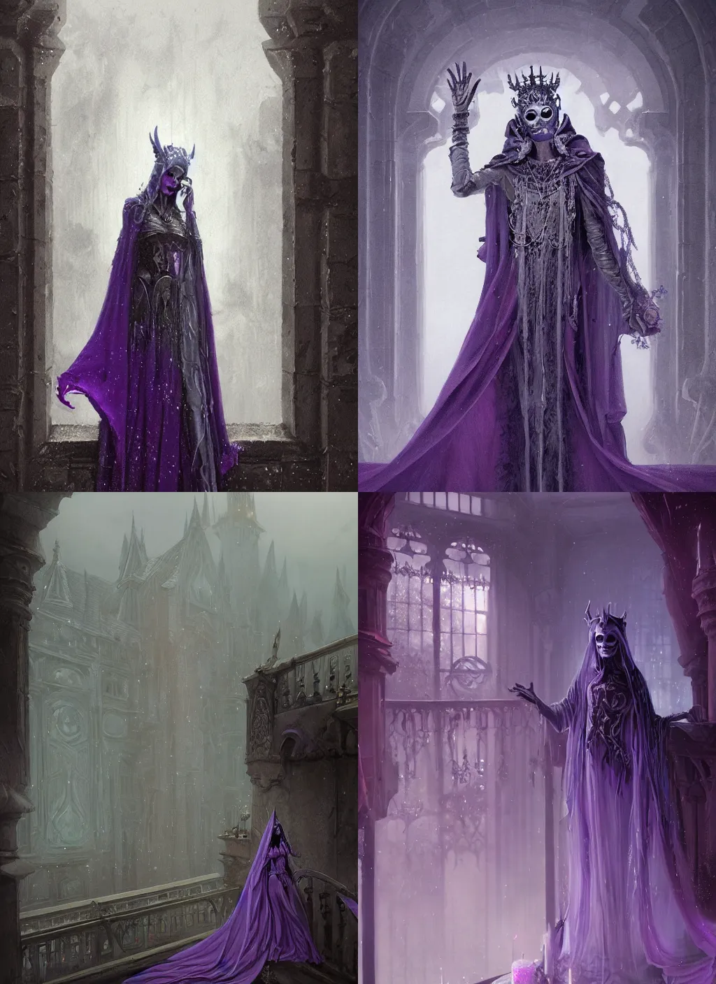 Prompt: a painting of a gloomy and unsettling lich queen, garbed in a purple gown, silver jewelry on her neck and forehead, on the balcony of her misty castle, by greg rutkowski and craig mullins, by dan mumford, octane render, vfx, dramatic lighting