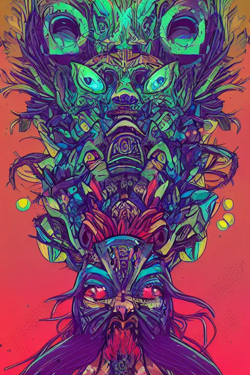 Prompt: animal mask totem roots flower tribal feather gemstone plant wood rock shaman vodoo video game vector illustration vivid multicolor borderlands comics by josan gonzales and dan mumford radiating a glowing aura