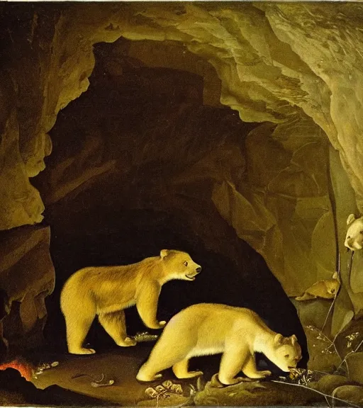 Image similar to looking into dark cave with a mother bear and her cubs sleeping, night time, artwork by Pieter Claesz