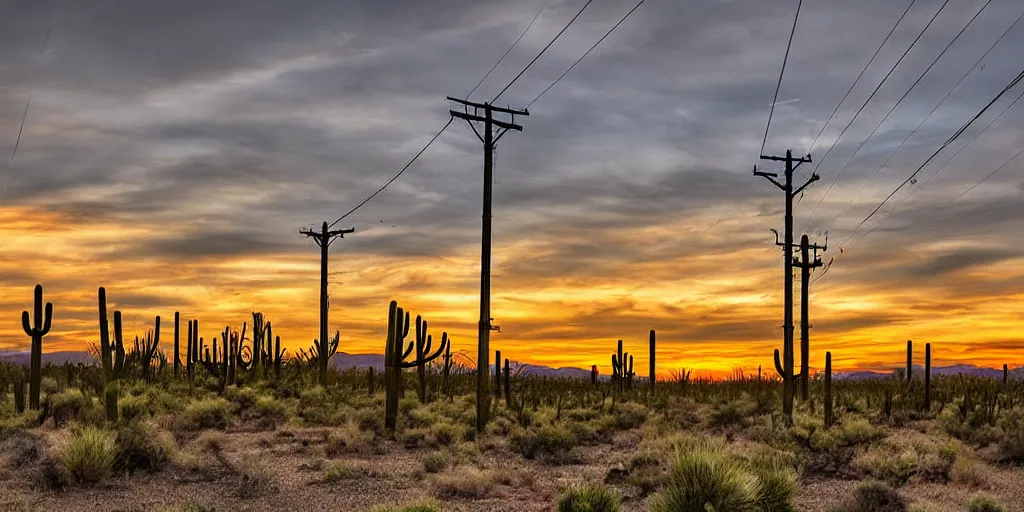 Image similar to long road telephone poles clouds sunset desert cactus photography HDR 8k