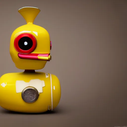 Image similar to closeup portrait of tin toy retro robot yellow duck, depth of field, red zeiss lens, detailed, centered, fashion photoshoot, by nicoletta ceccoli, mark ryden, lostfish, extremely detailed, artistic, hyperrealistic, octane render