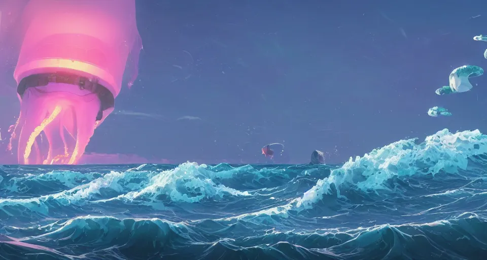 Image similar to A very beautiful serene coastal landscape scene with a GIANT MECHA JELLYFISH looming in the distance, bright sunny waves splashing on the beach, Translucent rendered by simon stålenhag, The Great Wave off Kanagawa, rendered by Beeple, Makoto Shinkai, syd meade, environment concept, digital art, starwars, unreal engine, 3 point perspective, WLOP, trending on artstation, low level, 4K UHD image, octane render,