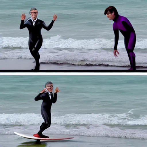 Image similar to surfing bill gates as mr. bean as the joker from batman, surfing still from batman vs bean at the beach, 2 0 2 0