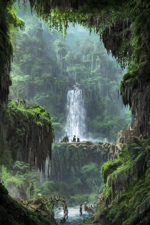 Prompt: carved into a Mountain a temple above a waterfall, arches adorned pillars, archways, gnarly trees, lush vegetation, forrest, a small stream runs beneath the waterfall, landscape, raphael lacoste, eddie mendoza, alex ross, concept art, matte painting, highly detailed, rule of thirds, dynamic lighting, cinematic, detailed, denoised, centerd