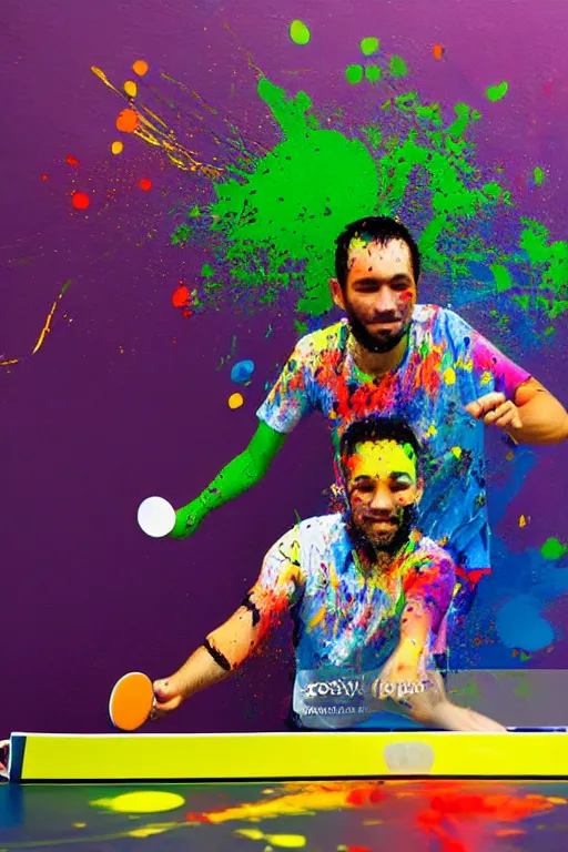 Image similar to man playing table tennis, paddle and ball, colorful paint splatters