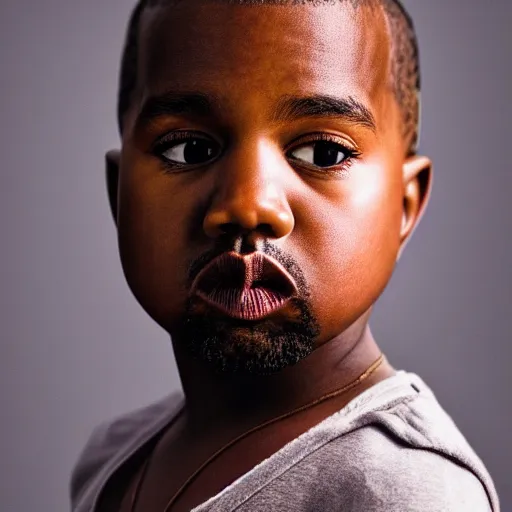 Image similar to the face of kanye west at 6 years old, portrait by julia cameron, chiaroscuro lighting, shallow depth of field, 8 0 mm, f 1. 8