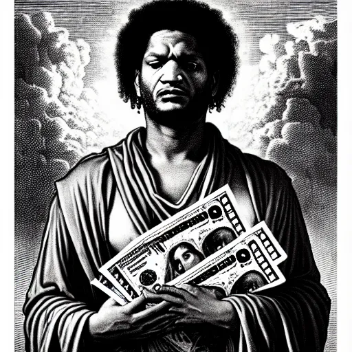 Image similar to fredo santana rapper holding stacks of cash, biblical image, style of gustave dore, highly detailed, beautiful, high contrast, black and white