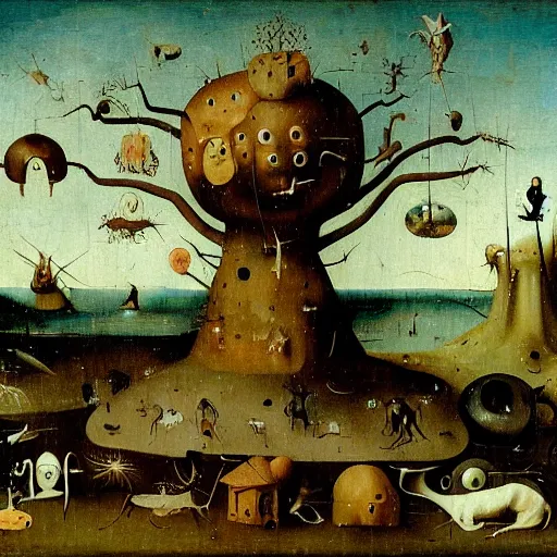 Prompt: a beautiful landscape with weird creatures by hieronymus bosch