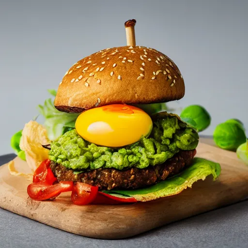 Image similar to juicy vegan hamburger topped with guacamole, fried onion and a vegan fried egg, crispy buns, 8 k resolution, professional food photography, studio lighting, sharp focus, hyper - detailed