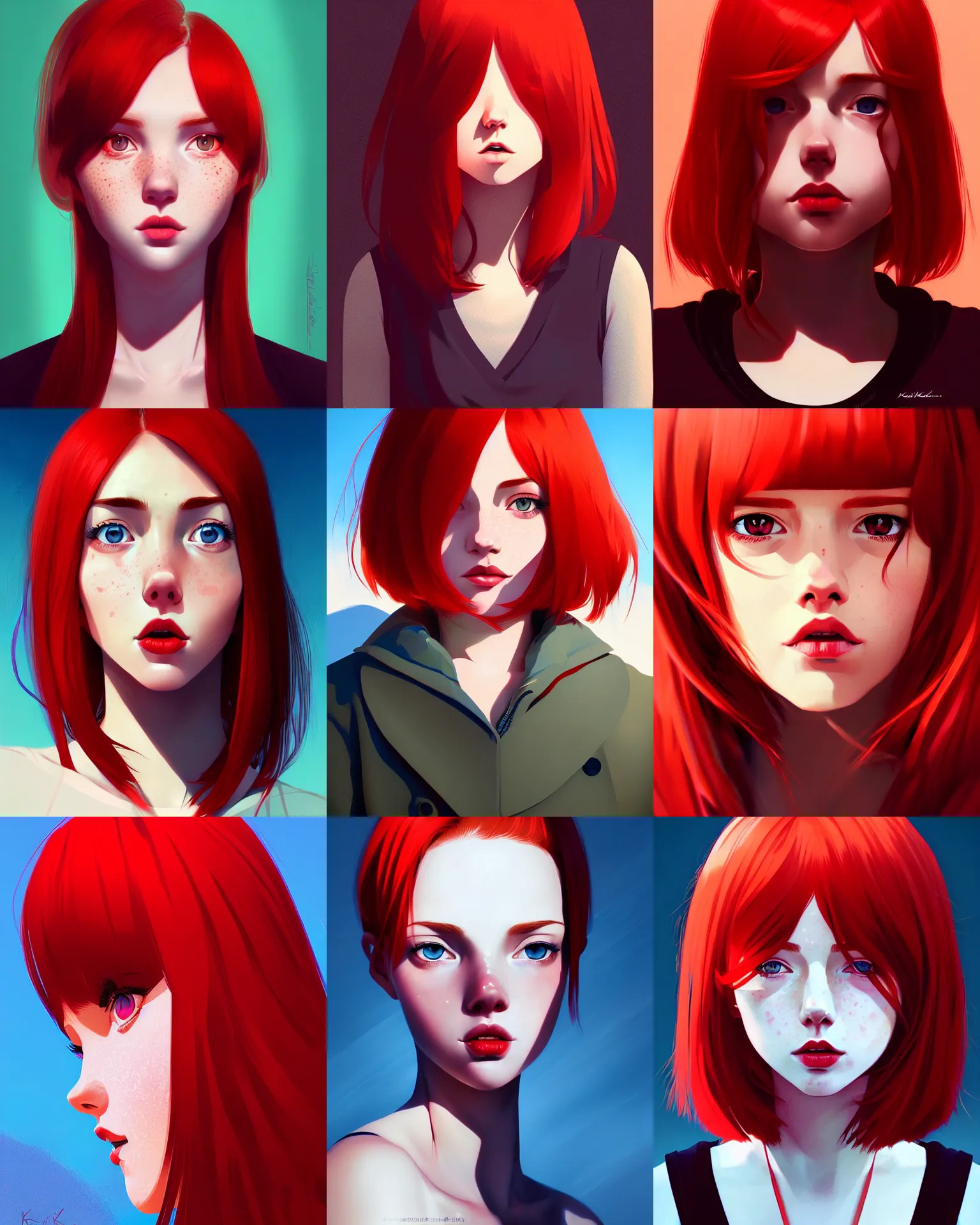 Prompt: a detailed portrait of an adorable woman with red hair and freckles by ilya kuvshinov, digital art, dramatic lighting, dramatic angle