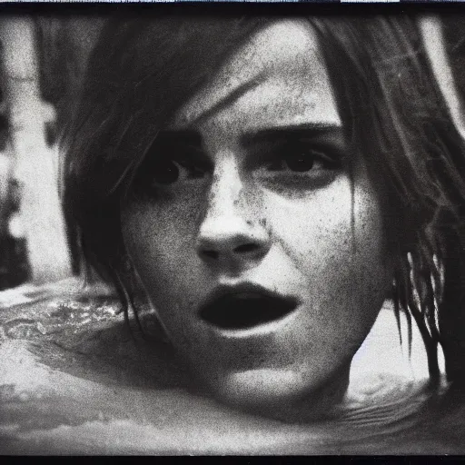 Image similar to film still, close up, emma watson rising out of muddy vietnam river, face covered in mud, low camera angle at water level, night time, film still from apocalypse now ( 1 9 7 9 ), 2 6 mm polaroid polaroid polaroid polaroid polaroid expired expired expired,