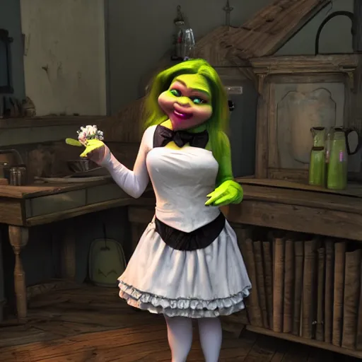 Image similar to Shrek in a french maid costume, realistic, hyperrealistic, in real life, highly detailed, very detailed, 4k resolution, 8k resolution, trending on artstation, real life, head and bodyshot