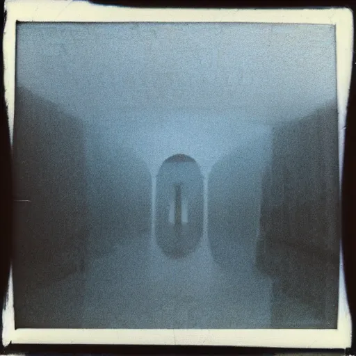 Image similar to Beautiful Fuzzy Polaroid Photograph of an tiled infinite foggy liminal pool hallway with archways and water on the floor