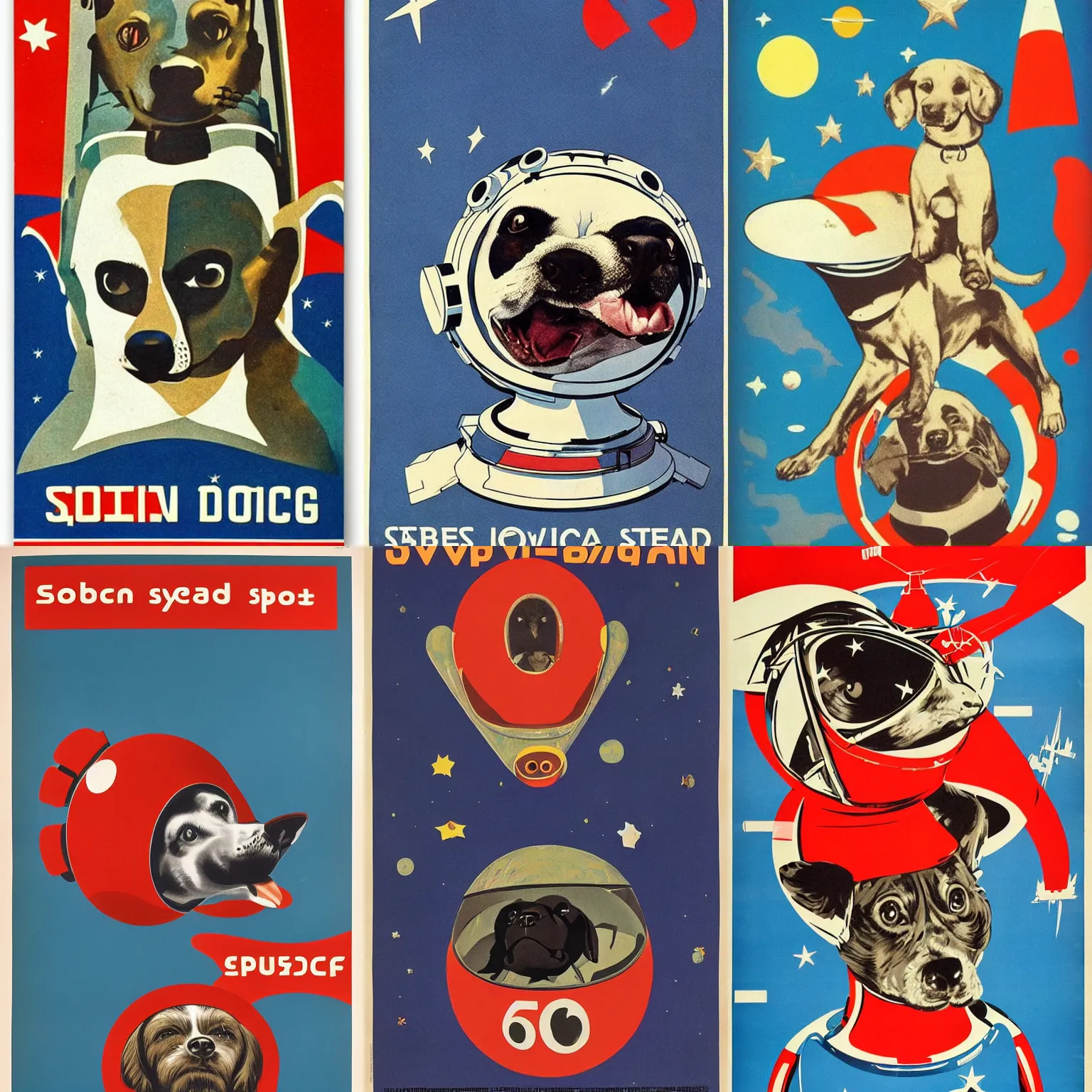 Prompt: Soviet dog head Space craft, 60s poster, 1962 Soviet