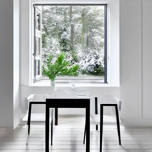 Prompt: “minimalistic alcove with white walls and small table and chair, the table and chair are white, there is a bay window in the alcove and outside the window is a snowstorm. Soft lighting. Photorealistic. Ultra HD. In the style of an interior design magazine spread”