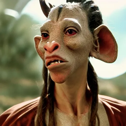 Image similar to film still of jar jar binks as a female cowgirl, long eyeslashes, big juicy lips, big seductive eyes