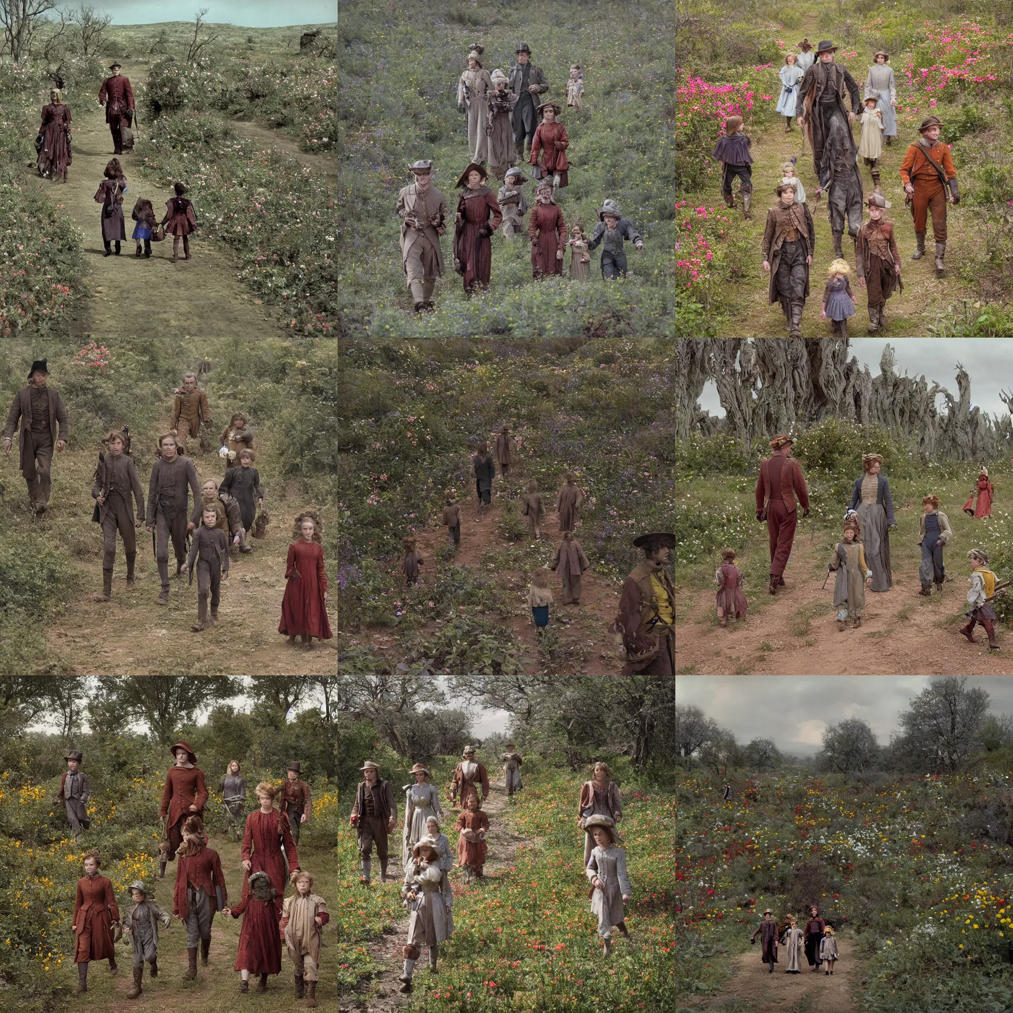 Prompt: sharp, highly detailed, 9216k film, 17150mm film still from a sci fi blockbuster color movie made in 2019, set in 1860, of a family walking through a very alien landscape that is full of strange alien plants and flowers, on an alien planet, the family are all wearing 1860s era clothes, good lighting, in focus, 350mm f/1.4L lens