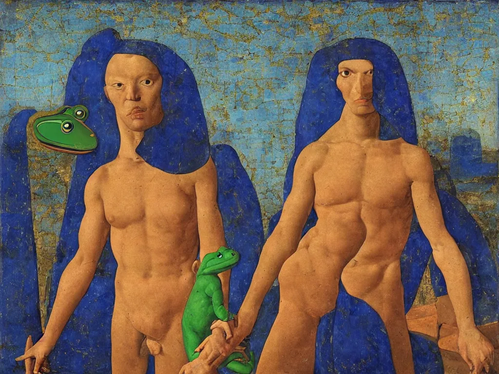 Prompt: portrait of muscular man with frog head. lapis lazuli, malachite, turqouise, gold. painting by piero della francesca, balthus, agnes pelton