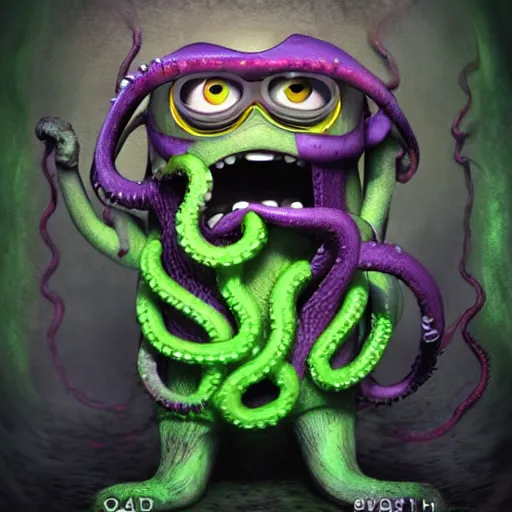 Image similar to Minion as Lovecraft's monster, tentacles, evil, dark colours, high resolution, 50 mm, extremely realistic