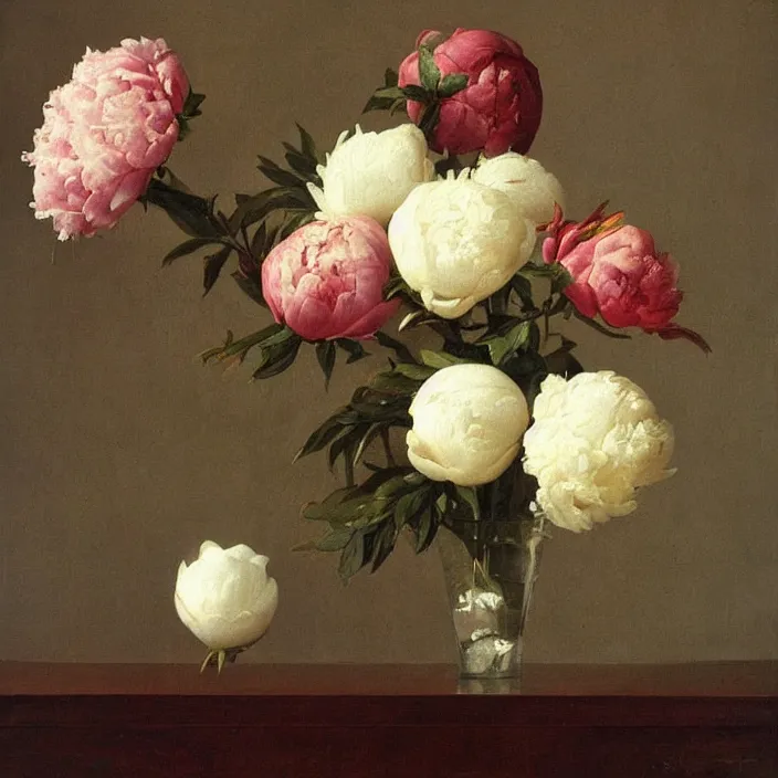 Prompt: peonies in a glass vase arranged by the devil himself. painting by frank sedlacek.