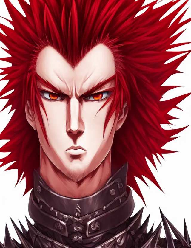 Image similar to a detailed manga portrait of a handsome tall man with spiked crimson hair in fiery crimson crystalline armour, trending on artstation, digital art, 4 k resolution, detailed, high quality, sharp focus, hq artwork, coherent, insane detail, character portrait