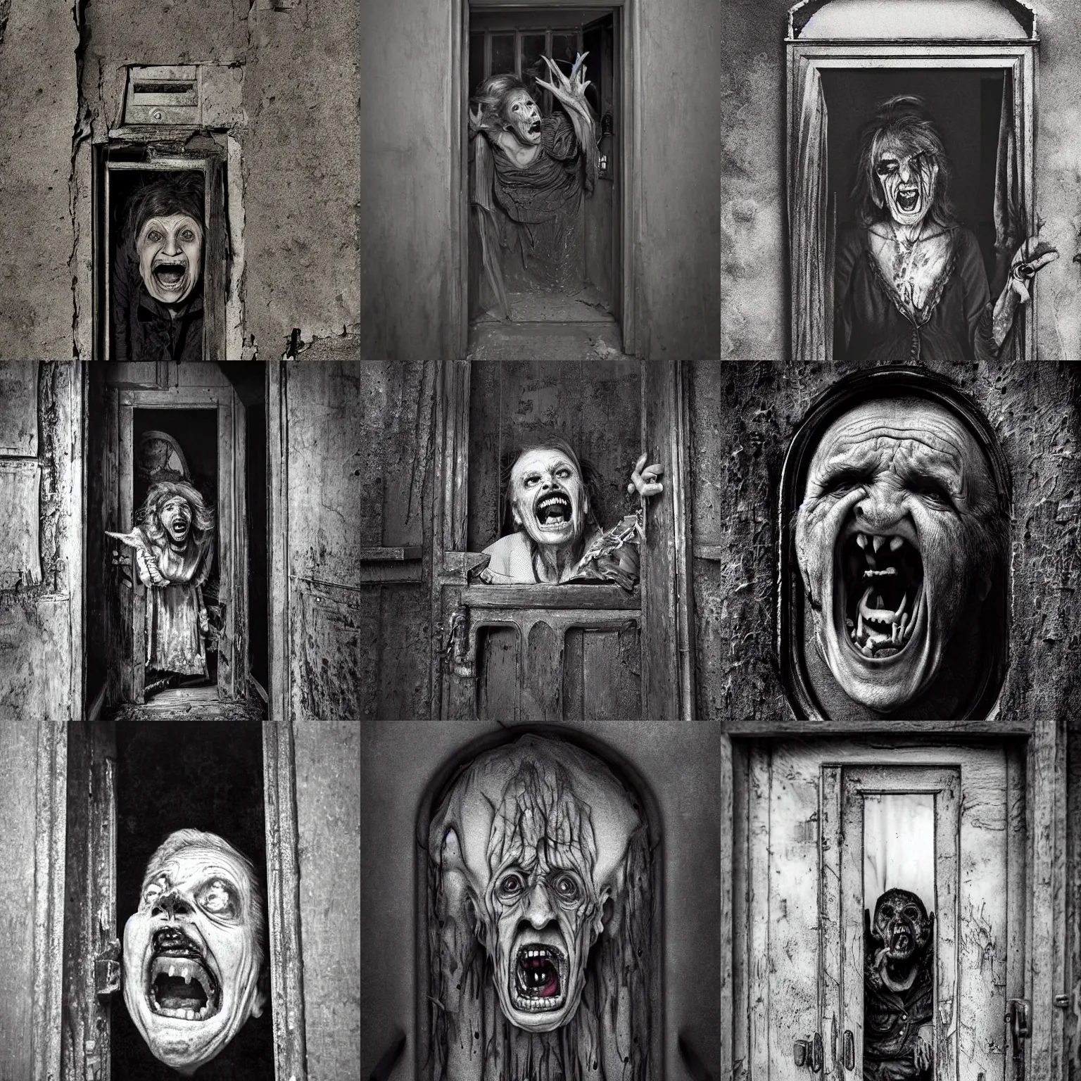 Prompt: portrait of a creepy old lady screaming creeping out of a door, morbid, macabre, dark lighting, highly detailed, decay teeth, black and white gainy film, vignette, matte painting by maxim verehin