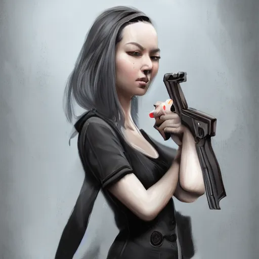 Image similar to a girl wearing a business, she has grey hair and is holding a gun, digital painting, smooth, hd, realist, artstation, deviantart, art by tran ross and