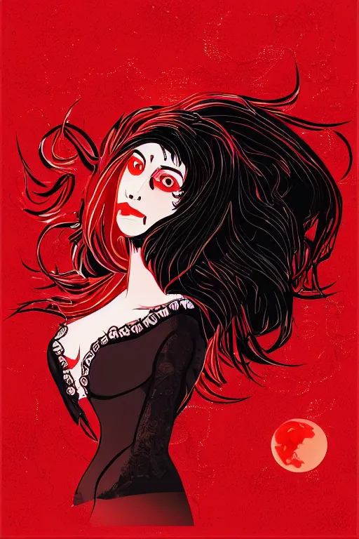 Prompt: close up portrait of a dark witch in front of the full big moon, red background, vector graphic, .eps, .ai, Adobe Illustrator, clear lines and clear shapes, intricate, 8k highly professionally detailed, HDR, CGsociety