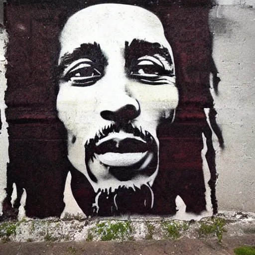 Prompt: Street-art portrait of Bob Marley in style of Banksy, photorealism