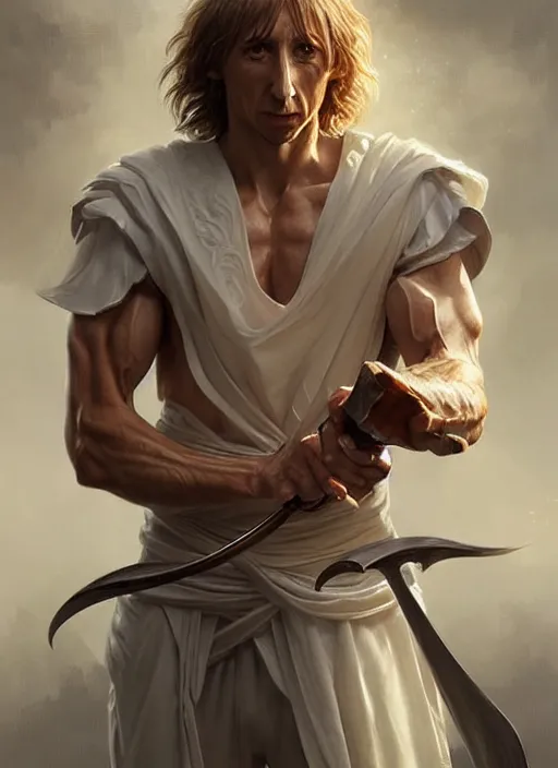 Image similar to portrait of aggressive luka modric, d & d, muscular! white, fantasy, intricate, elegant, highly detailed, digital painting, artstation, concept art, smooth, sharp focus, illustration, art by artgerm and greg rutkowski and alphonse mucha