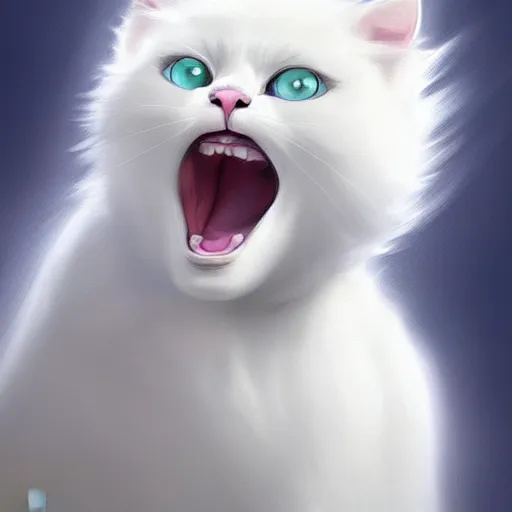 Prompt: white fluffy cat screaming, artstation, ultradetailed, digital painting, artstation, by artgerm