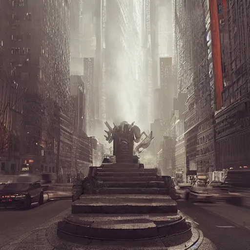 Prompt: new york city, ancient toltec carvings bound to the second attention by dreams and empowered by inorganic beings reveal secrets of human perception in high contrast cinematic light, mystical shadows, sharp focus, divine realm of gods, octane render, artist by greg rutkowski