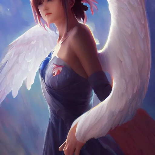 Image similar to an oil painting of a beautiful anime girl with angel wings, by artgerm, wlop and greg rutkowski, hd, hdr, ue 5, ue 6, unreal engine 5, cinematic 4 k wallpaper, 8 k, ultra detailed, high resolution, artstation, award winning