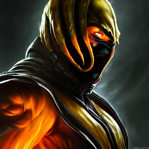 Prompt: Portrait of Scorpion from Mortal Kombat 11, anger, mystery, fear, highly detailed, ominous vibe, smoke, octane render, cgsociety, artstation, trending on ArtStation, by Lee Heng Eng