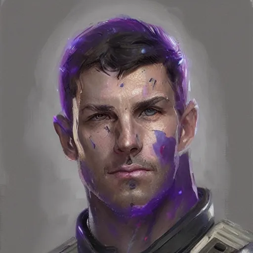 Prompt: portrait of a man by greg rutkowski, a soldier of the galactic dominion, wearing a purple and gray tactical gear, star wars expanded universe, highly detailed portrait, digital painting, artstation, concept art, smooth, sharp foccus ilustration, artstation hq