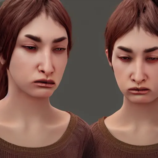 Image similar to ugly women, unreal engine, sadness, angry expression