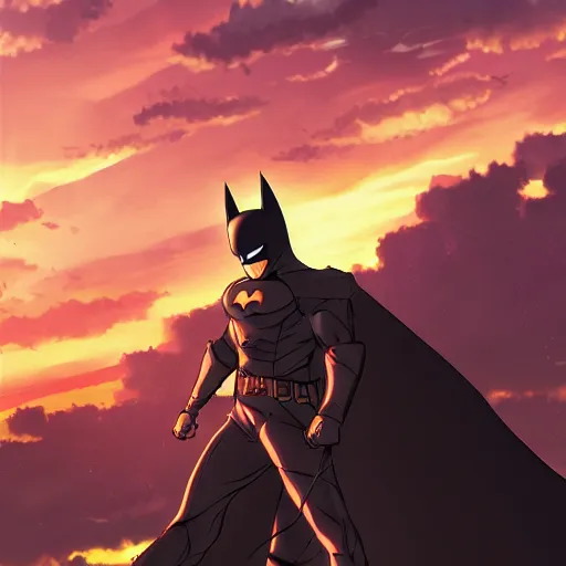 Image similar to Anime batman with a sword looking at sunset, Anime style, concept art, 8k