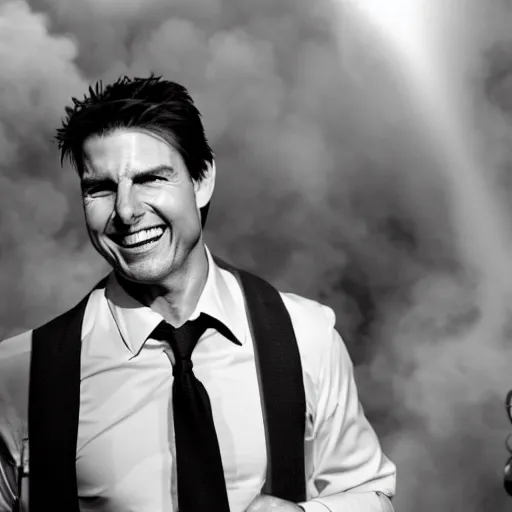 Image similar to Tom Cruise laughing in a house he set on fire, flaming background, overexposed photograph