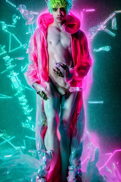 Prompt: photo of fullbody rococo and cyberpunk delicate neon crystalline sculpture of seductive muscular onyx albino marble prince joe jonas teal iridescent humanoid deity wearing hotpink plastic hooded cloak holding an onyx skull in a ruby space dungeon, reclining, glowing orange face, crown of white skulls, cinematic lighting, photorealistic, octane render 8 k depth of field 3 d